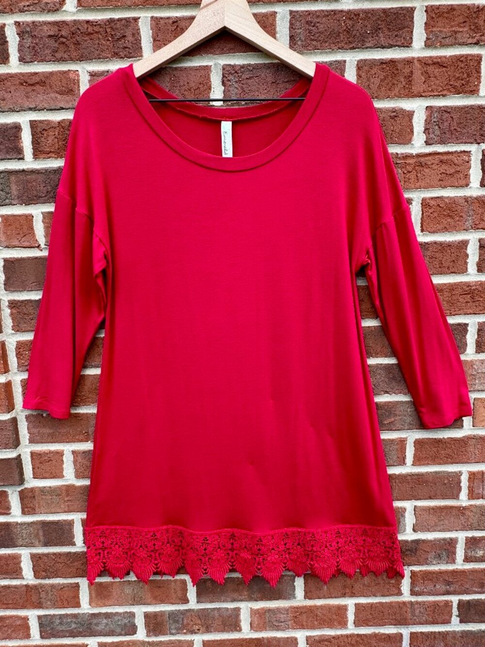 Emerald Tunic Mini Dress Lace Trim Boho Chic Medium Red 3/4 Sleeve
